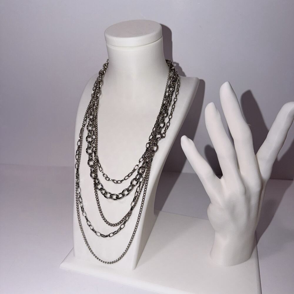 Silver Tone Multi-Strand Mixed Link Chain Necklace Metal No Stones Alt Baddie